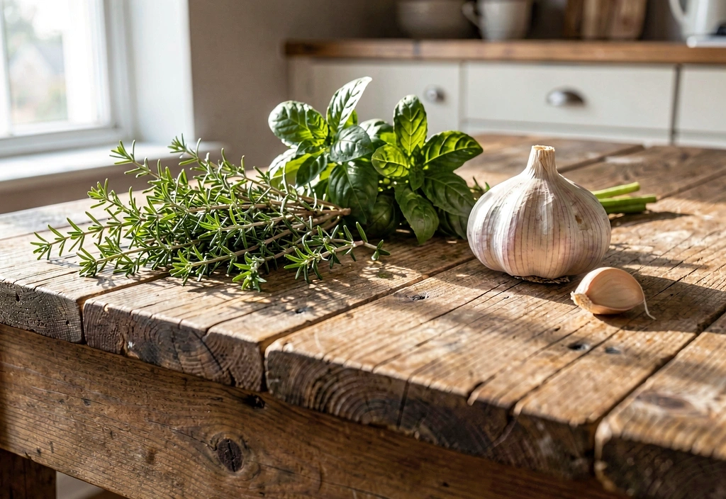 Ingredientes naturales en mesa rústica